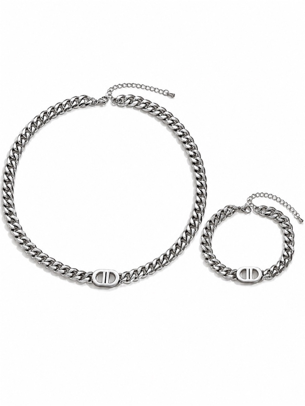 Stainless Steel Silver Designer Luxury Bracelet & Necklace Set - Picture 2 of 14